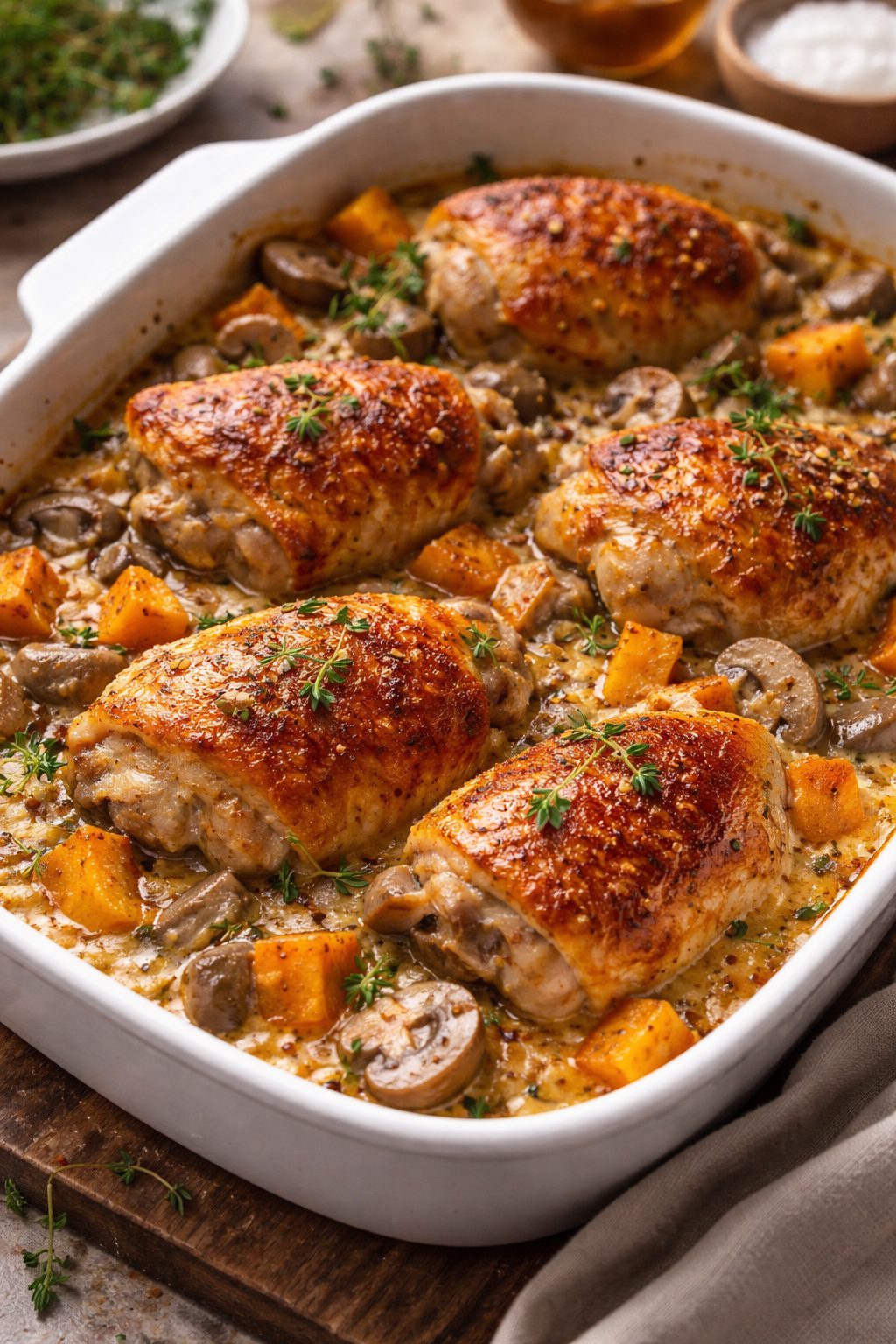 Cremiges Hendl mit Hokkaido und Champignons